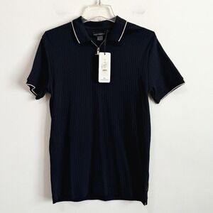 French Connection Womens Ribbed Knit Polo Shirt S Marine Black Short Sleeve NEW